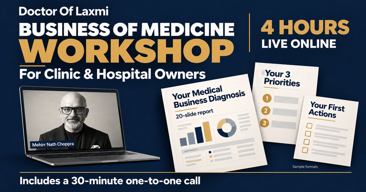 Business of Medicine Workshop for Clinic and Hospital Owners, 4 hours, live online, with Mehirr Nath Choppra